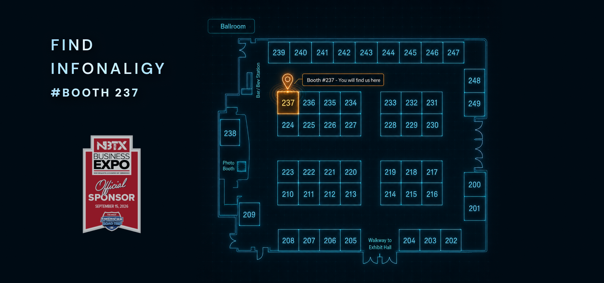 New Braunfels Business Expo ballroom map showing Infonaligy at Booth #237