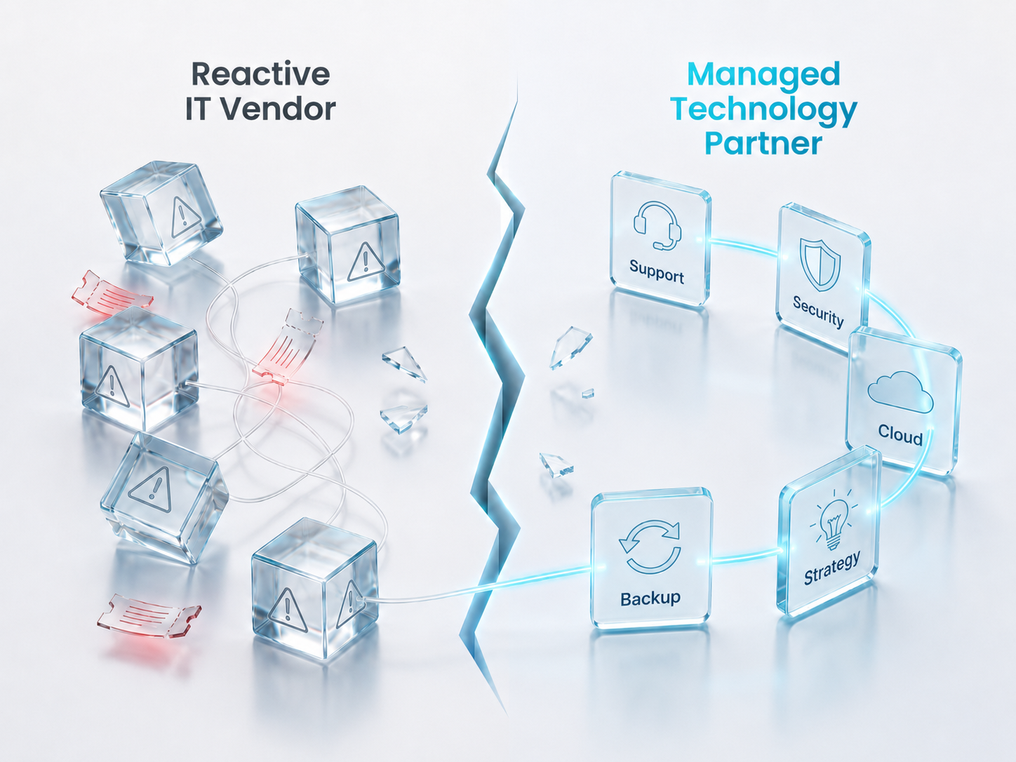Reactive IT Vendor vs. Managed Technology Partner: comparison across support, security, monitoring, backups, cloud, vendors, documentation, and strategy